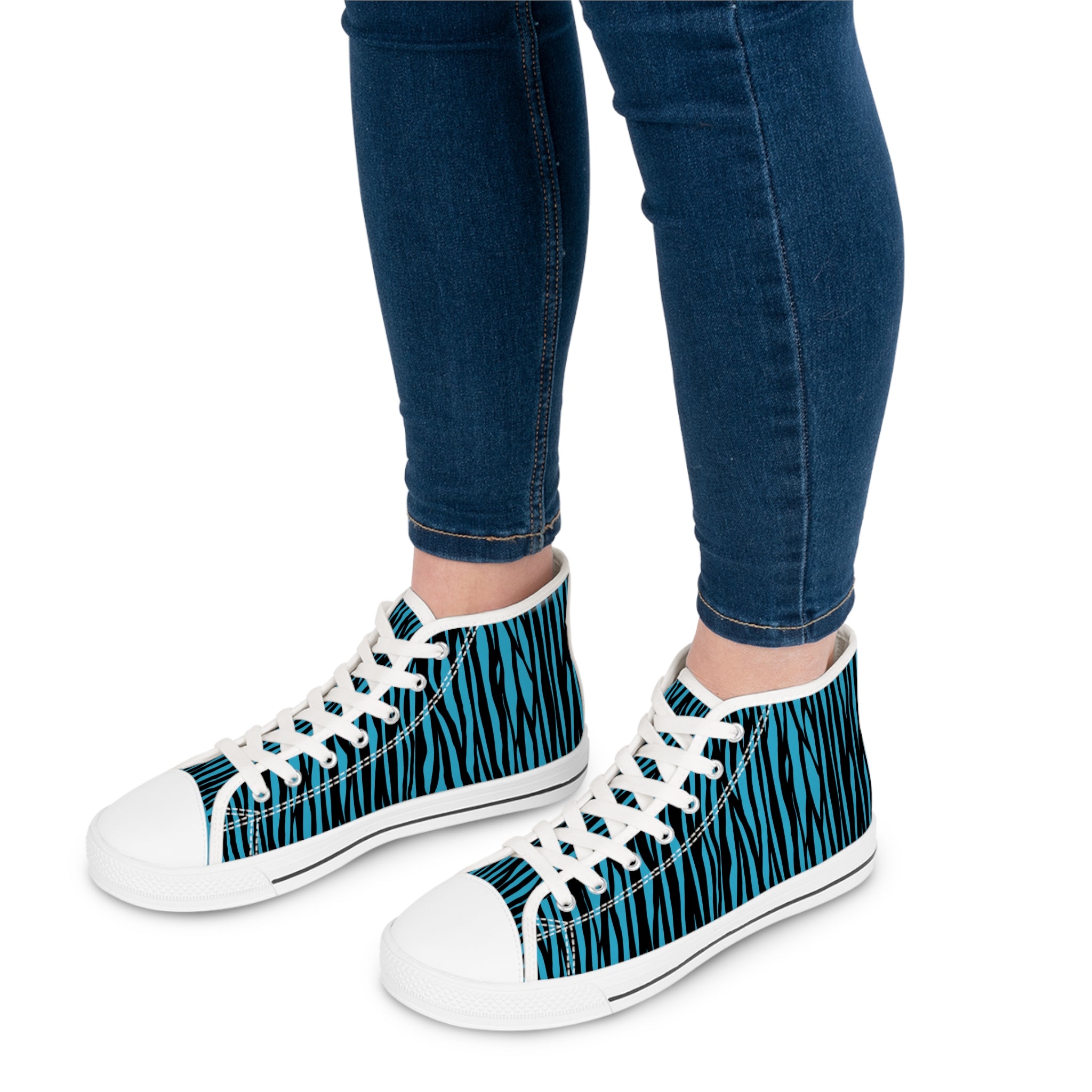 Women's High Top Sneakers - Funky Blue Zebra Print, Trendy Footwear, Casual Style, Unique Gift, Everyday Comfort